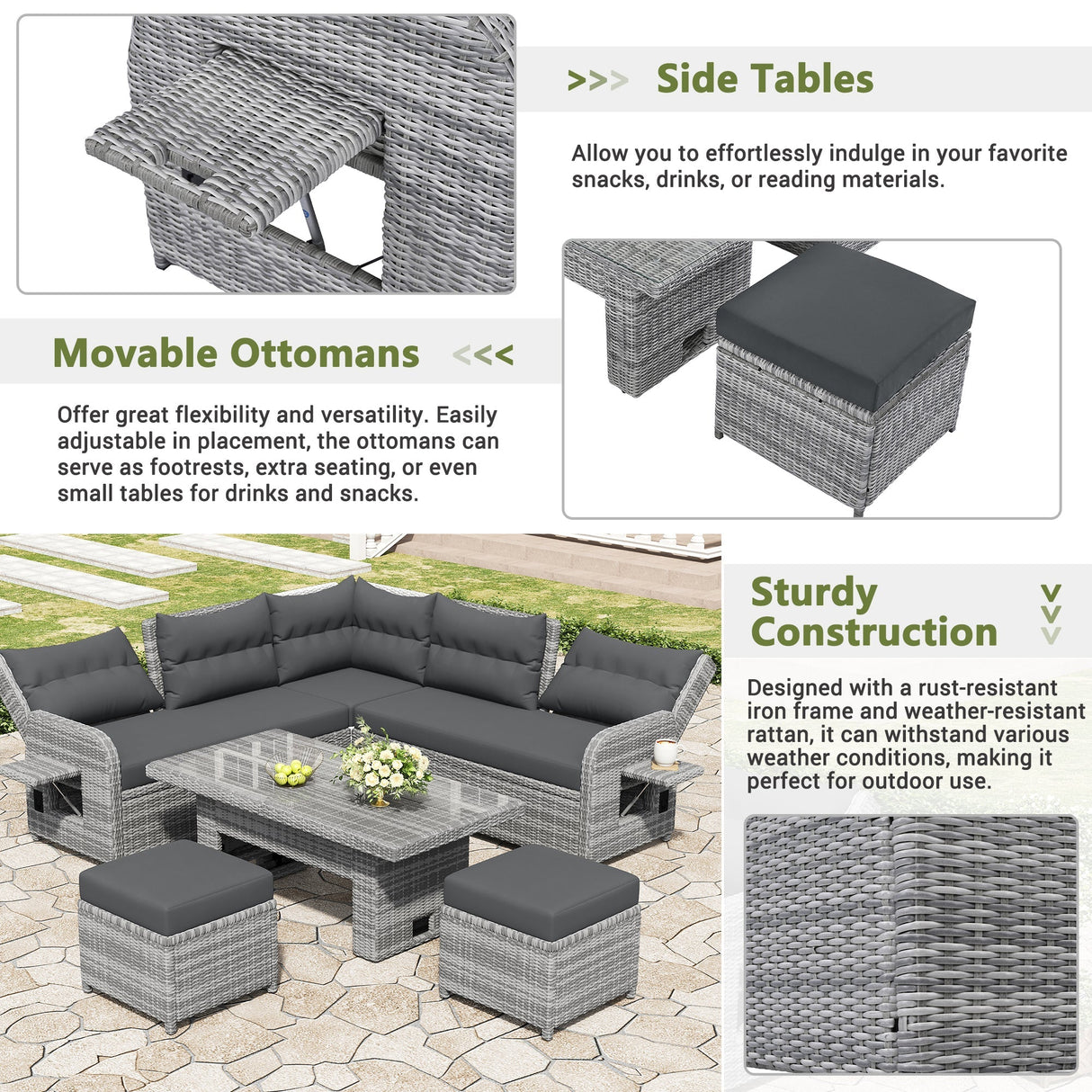 Outdoor Furniture Set Patio Rattan Furniture with Adjustable Table, Recliners, Side Tables, Ottomans