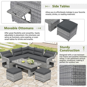Outdoor Furniture Set Patio Rattan Furniture with Adjustable Table, Recliners, Side Tables, Ottomans