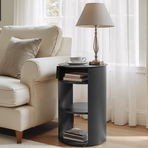 Indoor 3-Tier Metal Round Side Table with Sliding Door Cabinet