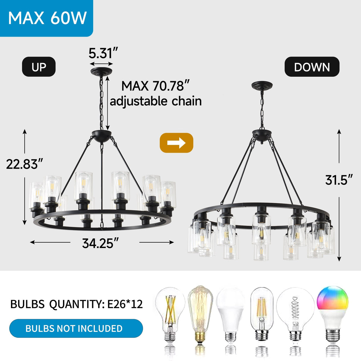 Black Wagon Wheel Chandelier 31.5 Inch Modern Farmhouse Glass Pendant Light 12-Light Ceiling Hanging Lighting Fixtures for Living Room Dining Room Kitchen Island Foyer--NO INCLUDED BULBS