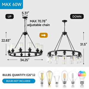 Black Wagon Wheel Chandelier 31.5 Inch Modern Farmhouse Glass Pendant Light 12-Light Ceiling Hanging Lighting Fixtures for Living Room Dining Room Kitchen Island Foyer--NO INCLUDED BULBS