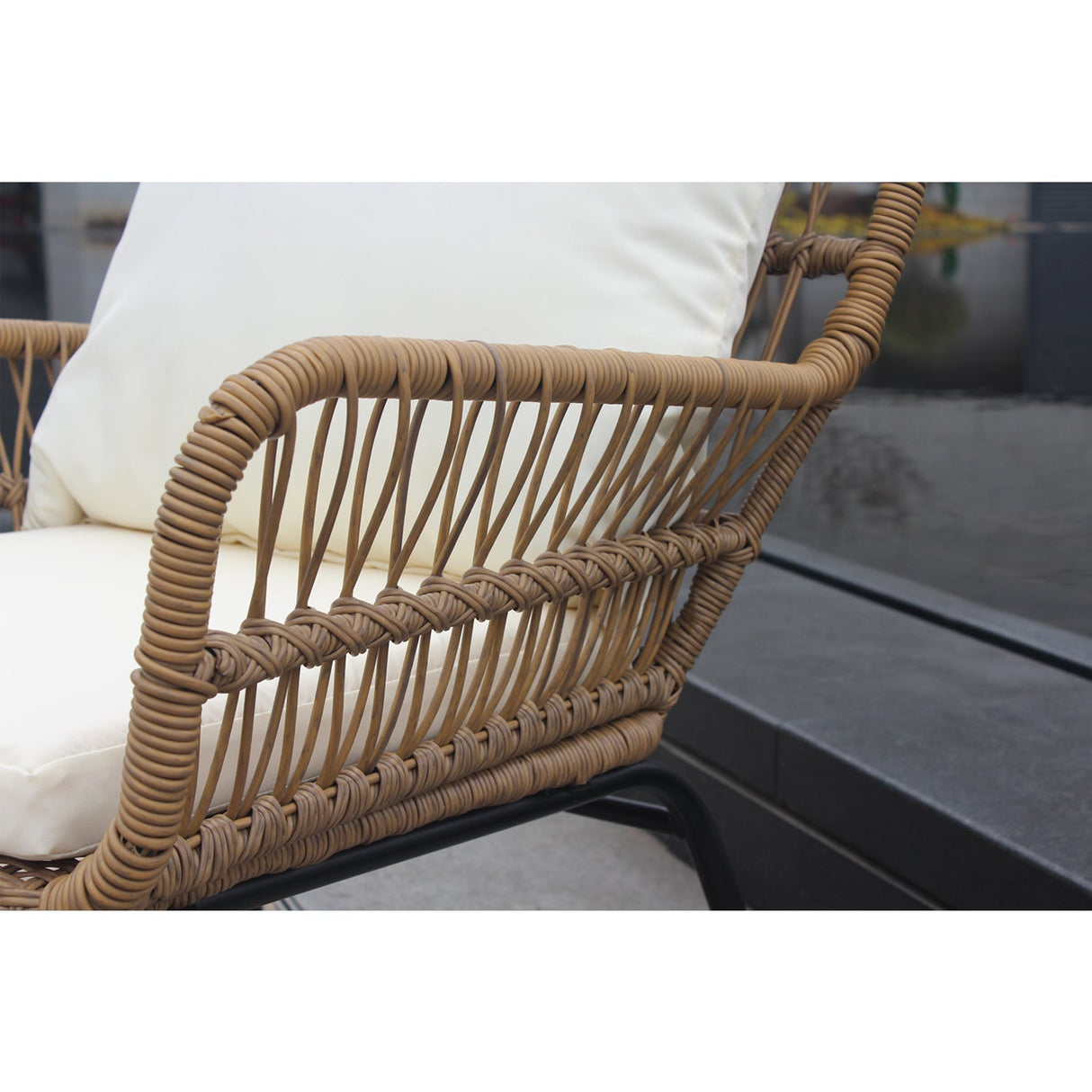 6PCS Outdoor Patio Balcony Natural Color Wicker Sofa Chair Set with Beige Cushion and Round Tempered Glass Table