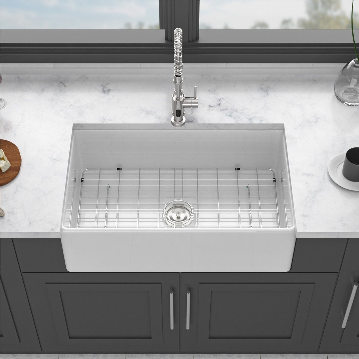 Ceramic Farmhouse Sink With Deep Basin And Stainless Steel Grid