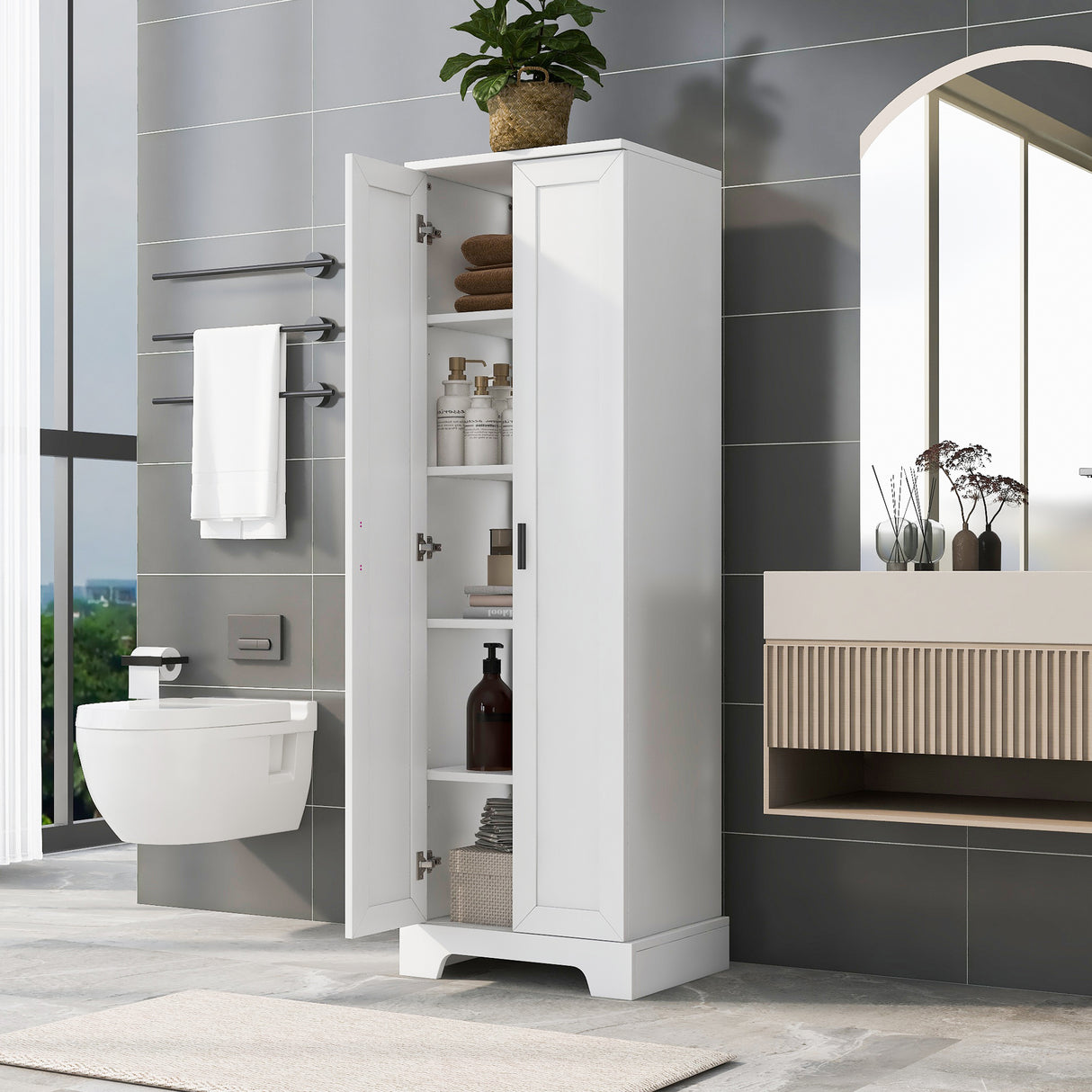 White Tall Storage Cabinet with Adjustable Shelves and Double Doors