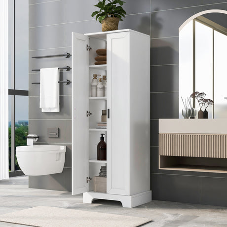 White Tall Storage Cabinet with Adjustable Shelves and Double Doors