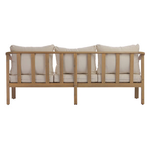 77.95" Outdoor Acacia Wood 3-Seater Sofa with Beige Cushions