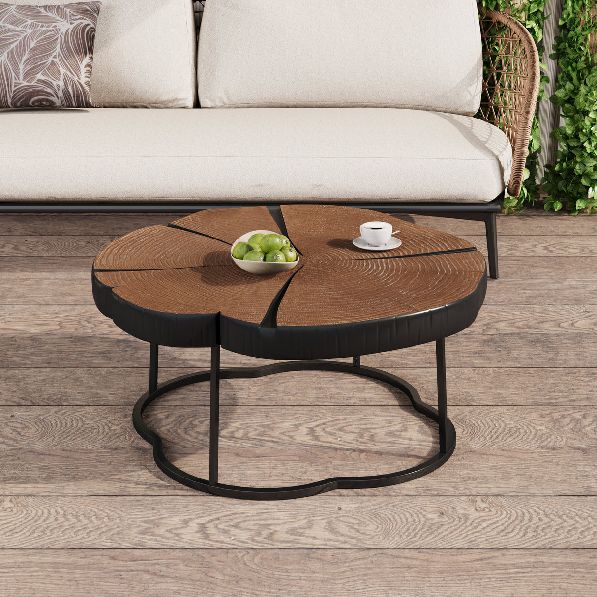 Irregular Coffee Table, 27" Modern MGO Top with Natural Wood & Black Metal Base
