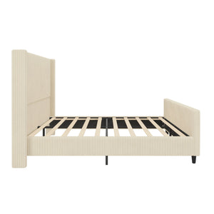 Upholstered Bed Frame With Vertical Stripe Wingback And High Footboard