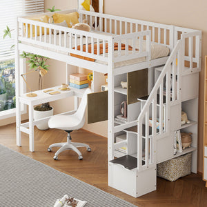 Loft Bed With Built In L Shaped Desk, LED Lights, Storage Shelves, Cabinets, And Staircase