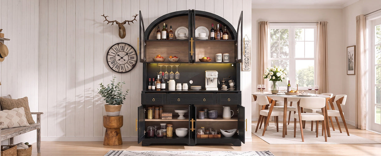K&K 75.8" Tall Arched Kitchen Pantry Cabinet with LED & Charging Station