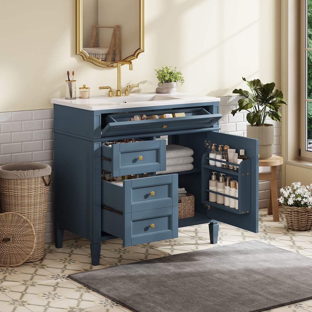 36" Bathroom Vanity with Ceramic Sink and Storage Drawers - Multiple Colors