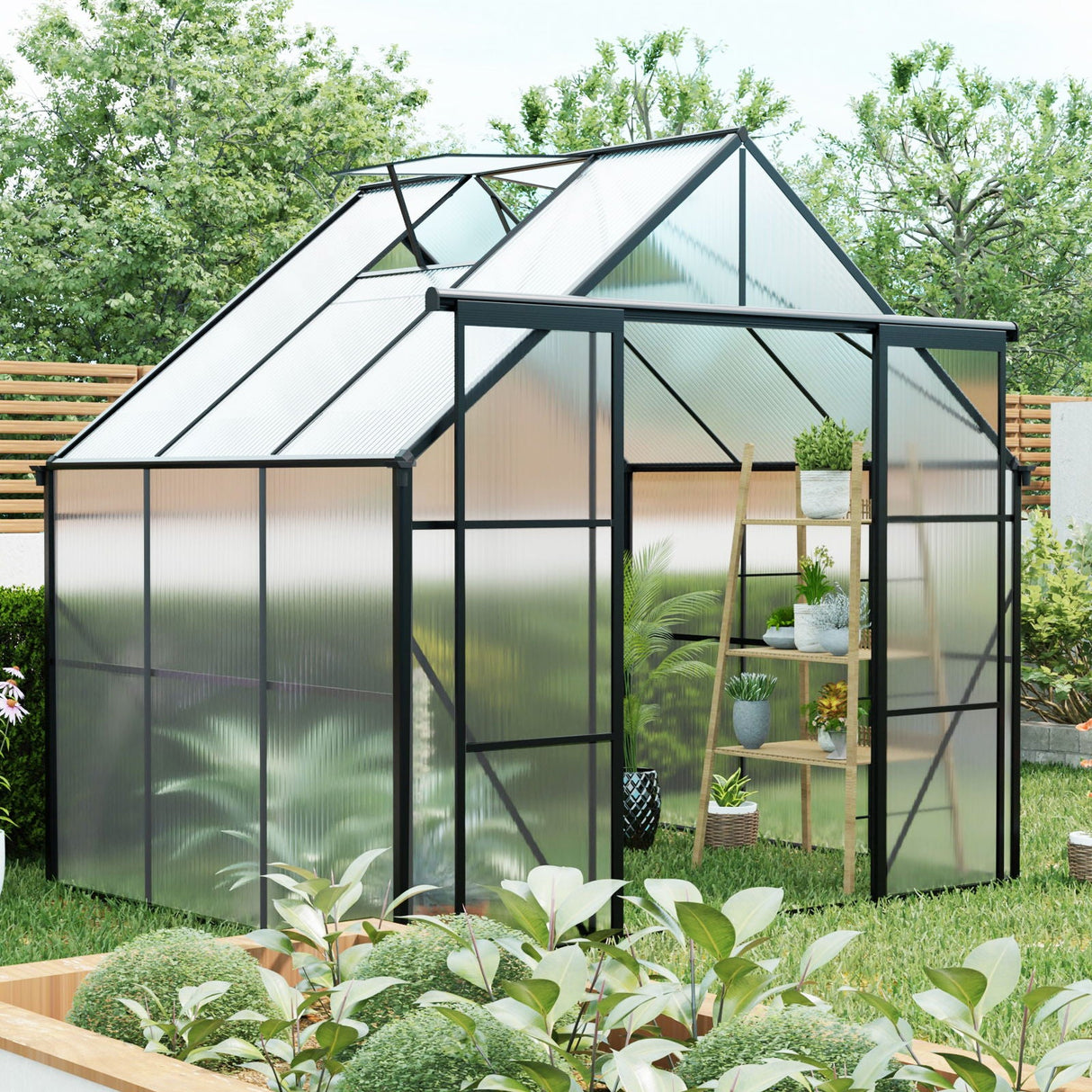 Double Door Polycarbonate house Raised Base And Anchor Aluminum Heavy Duty Walk In houses For Outdoor Backyard In All Season