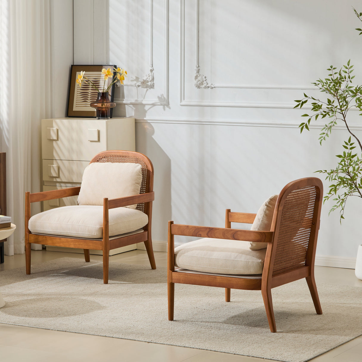 Elliston Rattan Backrest Solid Wood Accent Chair with Cushions, Set of 2