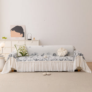 Botanical Sofa Cover with Chiffon Skirt, Floral Couch Throw Blanket for All-Season
