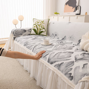 Botanical Sofa Cover with Chiffon Skirt, Floral Couch Throw Blanket for All-Season