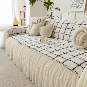 Grid Sofa Cover with Ruffle Skirt – Soft, Decorative, Full-Cover Couch Protector