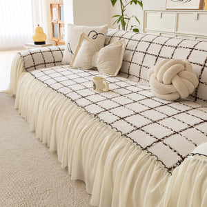 Grid Sofa Cover with Ruffle Skirt – Soft, Decorative, Full-Cover Couch Protector