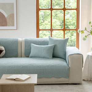 Floral Cotton Quilted Sofa Cover, Non-Slip Couch Protector with Scalloped Edges