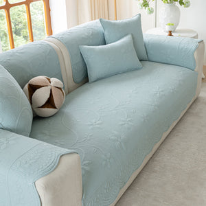 Floral Cotton Quilted Sofa Cover, Non-Slip Couch Protector with Scalloped Edges
