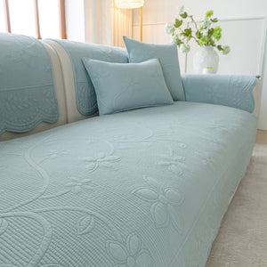 Floral Cotton Quilted Sofa Cover, Non-Slip Couch Protector with Scalloped Edges