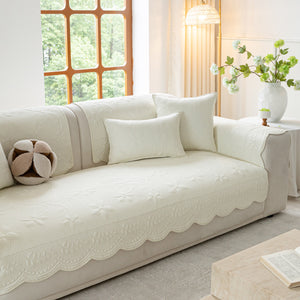 Floral Cotton Quilted Sofa Cover, Non-Slip Couch Protector with Scalloped Edges