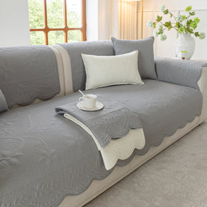 Floral Cotton Quilted Sofa Cover, Non-Slip Couch Protector with Scalloped Edges