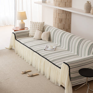 Boho Striped Couch Cover with Sheer Ruffle Skirt, Decorative Couch Throw Blanket