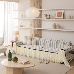 Boho Striped Couch Cover with Sheer Ruffle Skirt, Decorative Couch Throw Blanket