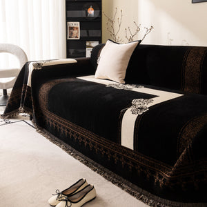 Jacquard Floral Band Sofa Cover with Tassels, Thick Textured Couch Throw Blanket