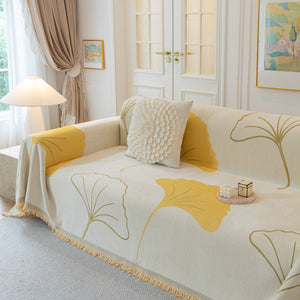 Cozy Couch Throw Blanket with Tassels, Jacquard Leaf Pattern Furniture Protector