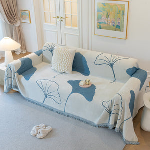 Cozy Couch Throw Blanket with Tassels, Jacquard Leaf Pattern Furniture Protector