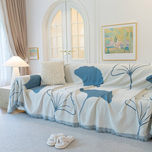 Cozy Couch Throw Blanket with Tassels, Jacquard Leaf Pattern Furniture Protector