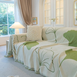 Cozy Couch Throw Blanket with Tassels, Jacquard Leaf Pattern Furniture Protector