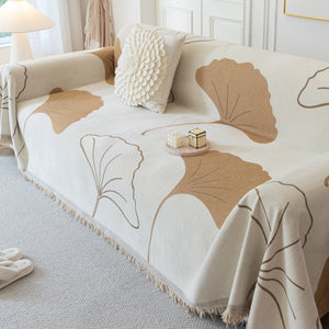 Cozy Couch Throw Blanket with Tassels, Jacquard Leaf Pattern Furniture Protector