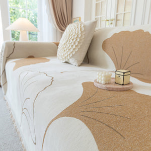 Cozy Couch Throw Blanket with Tassels, Jacquard Leaf Pattern Furniture Protector
