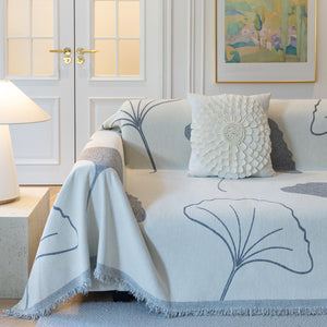 Cozy Couch Throw Blanket with Tassels, Jacquard Leaf Pattern Furniture Protector