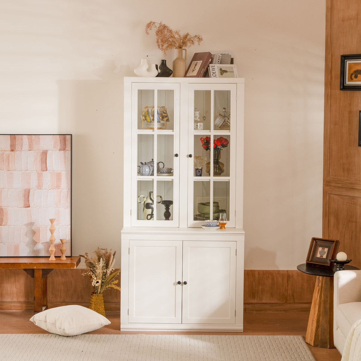 Retro Style Hutch Cabinet With Glass Door, China Cabinet For Home