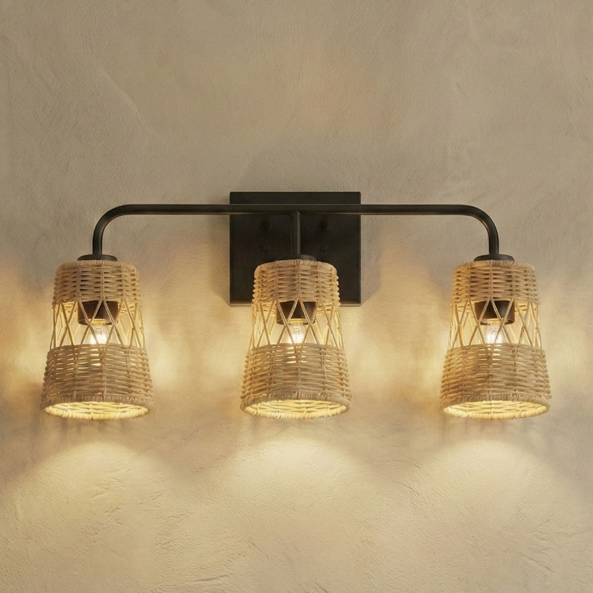 Moonlit - 3 Lights Wall Sconce With Shade, Bathroom Lighting Fixtures Over Mirror - Black / Rattan