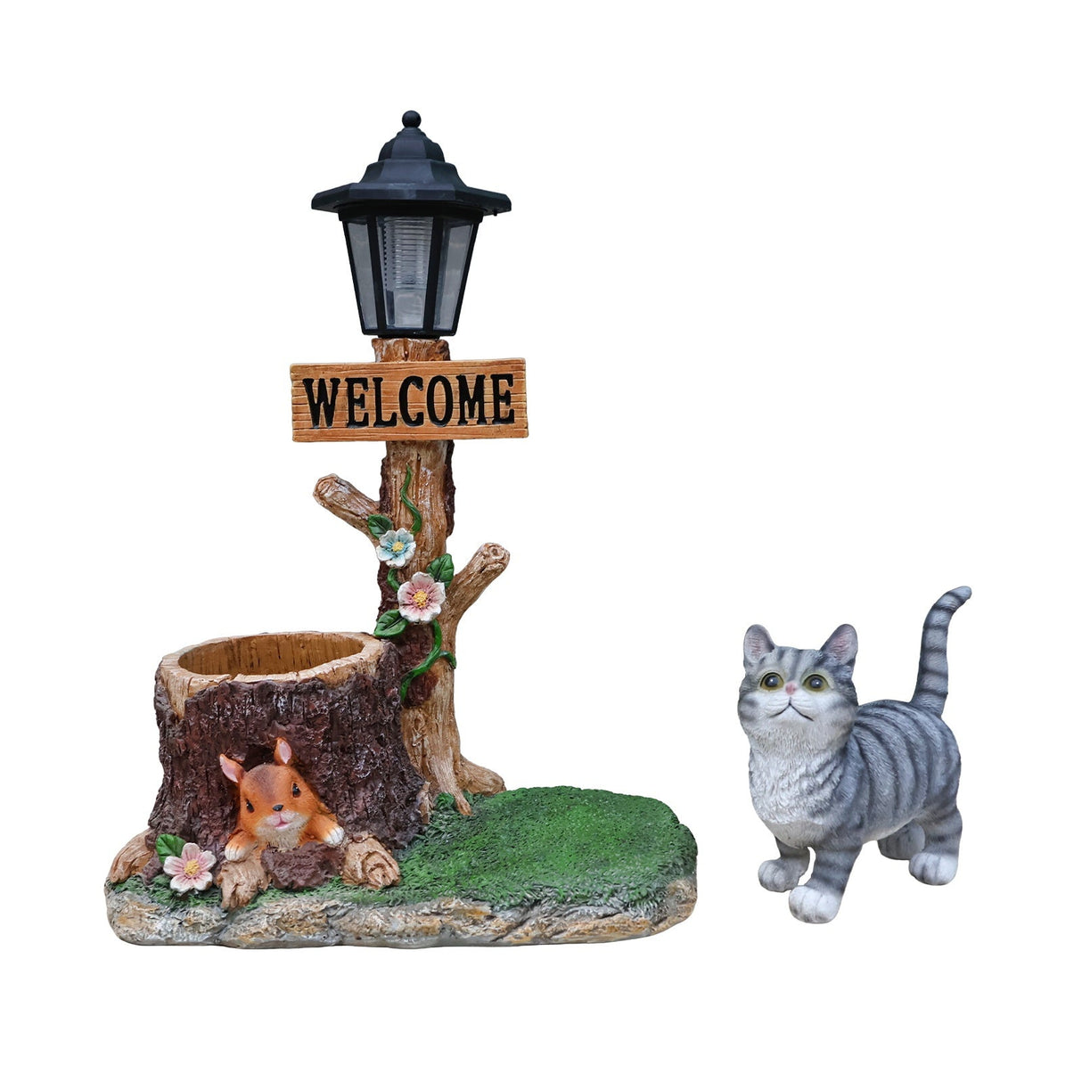 Cat Solar Planter Statue for Outdoor Decor