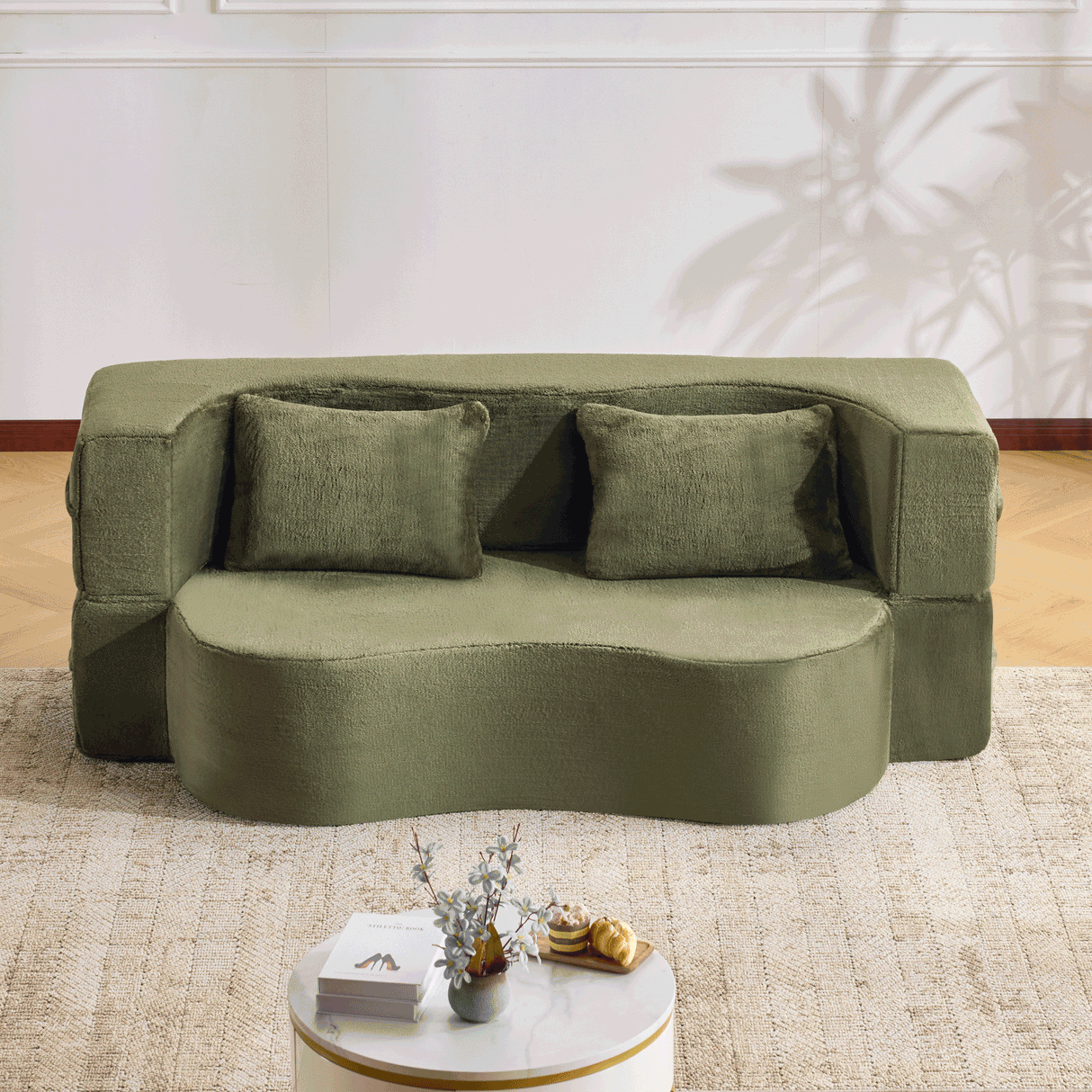 71-Inch Folding Sofa Bed in Green Plush Faux Fur