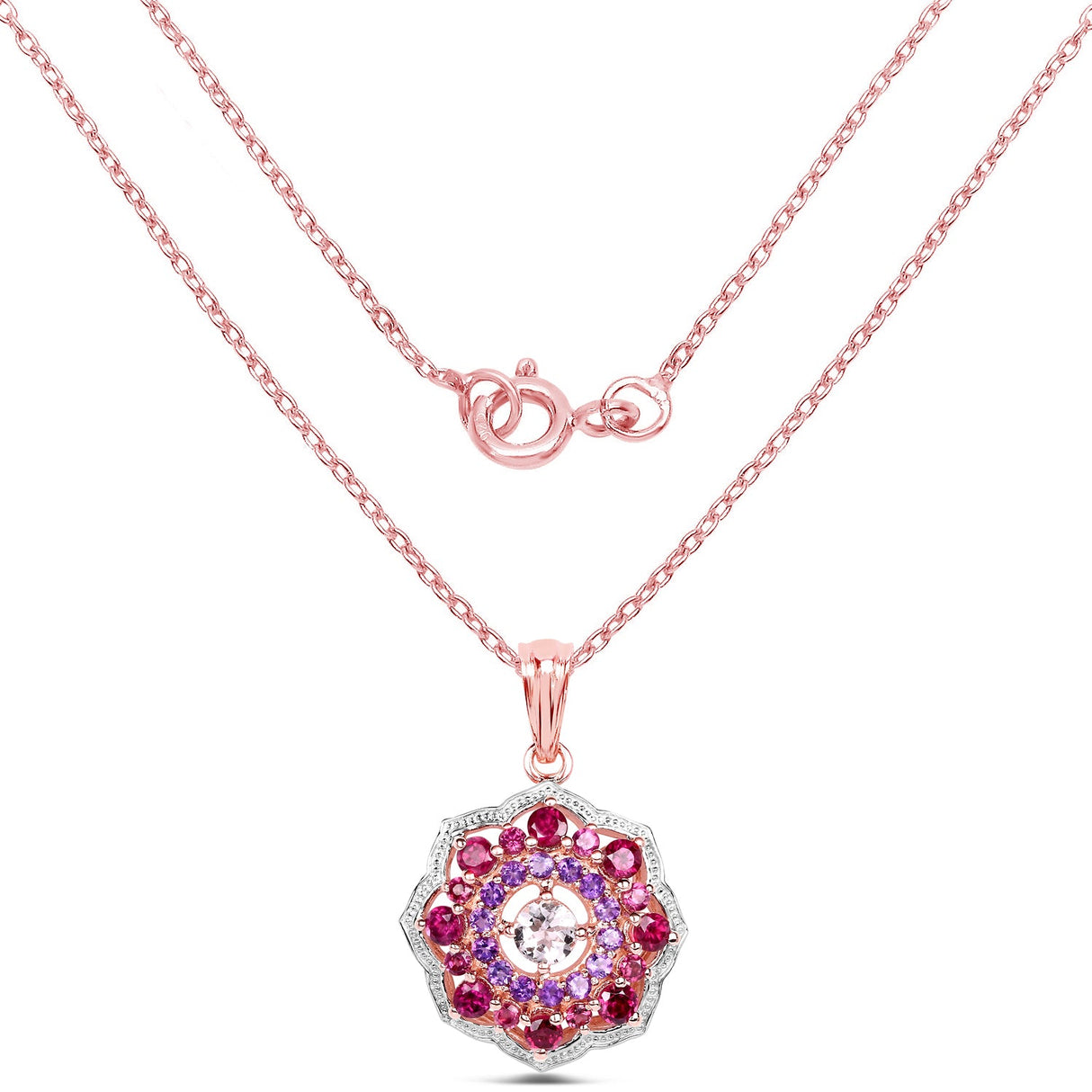 14K Rose Gold Plated 2.30 Carat Genuine Morganite, Rhodolite and Amethyst .925 Sterling Silver Pendant