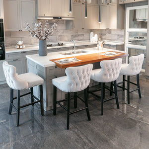 Contemporary Upholstered Wing-Back Barstools With Button Tufted Decoration And Wooden Legs, And Nailhead Trim, Leisure Style Bar Chairs, Bar Stools (Set of 2)