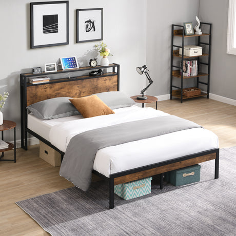 Full-Size-Metal-Platform-Bed-Frame-with-Wooden-Headboard-and-Footboard-with-USB-LINER,-No-Box-Spring-Needed,-Large-Under-Bed-Storage,-Easy-Assemble-Beds-&-Bed-Frames