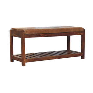 Solid Wood Small Buffalo Slatted Bench, Leather Upholstered, Open Storage