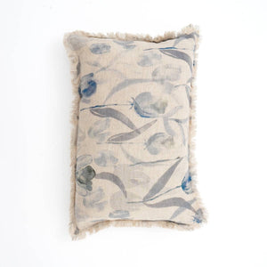Linen Printed Lumbar Throw Pillow with Fringes (Blue & Grey) 16x24