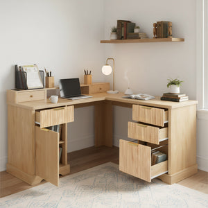59" Modern Fluted L-Shaped Desk with Charging Station & Storage