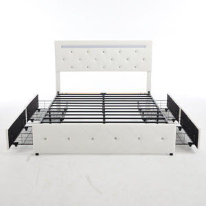 Upholstered Bed Frame With LED Lights, 4 Storage Drawers, Charging Station