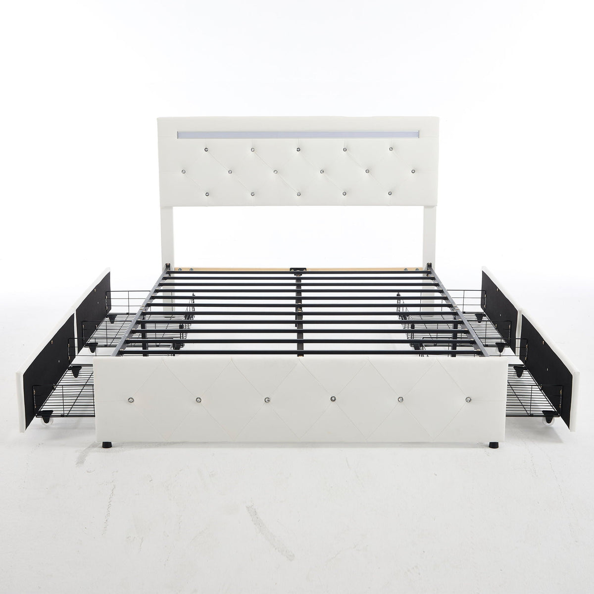 Upholstered Bed Frame With LED Lights, 4 Storage Drawers, Charging Station