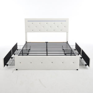 Upholstered Bed Frame With LED Lights, 4 Storage Drawers, Charging Station