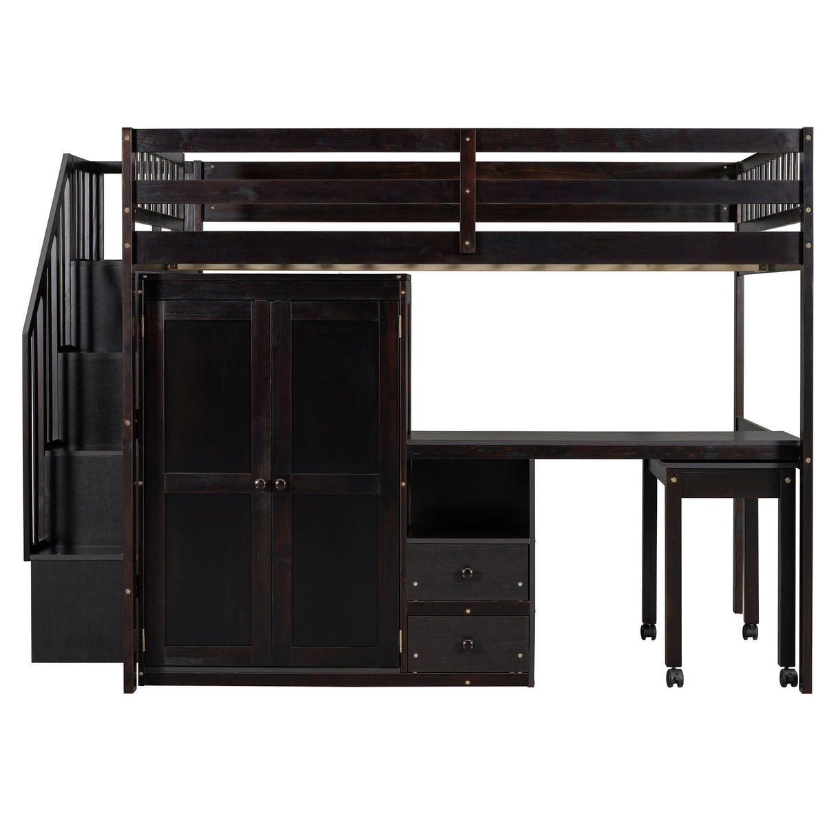 Loft Bed With Stairs, Bookshelf, Drawers, Desk & Wardrobe, Space Saving Multifunctional Furniture